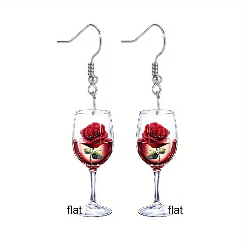Wine Glass and Red Rose Earrings Flat Acrylic Elegant Wedding and Valentine s Day Atmosphere Rose Earrings