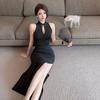 Retro Temperament Celebrity Stand-up Collar Hollow Sleeveless National Style Cheongsam Dress Sexy Hip-wrapped Split Dress Hip-wrapped Skirt