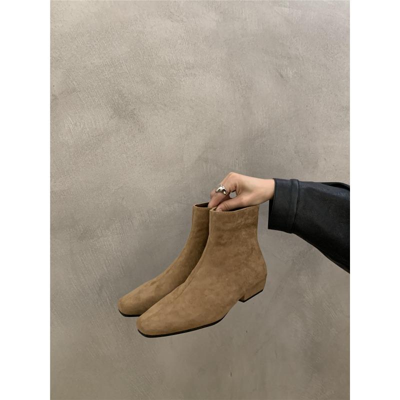 Sheepskin Version~ Thick Heel Thin Boots Women's Shoes New Velvet Bare Boots Retro Suede Small Short Boots