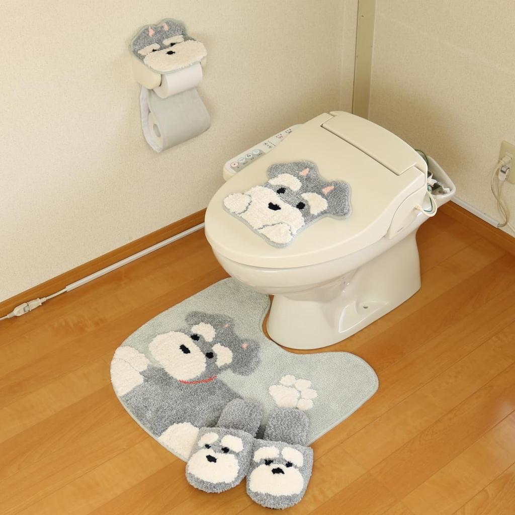 4-Piece Toilet Mat Set with Adhesive, Paper Holder Cover, Slippers, and Toilet Decor. Schnauzer Dog Design. Fundit Animal Design.