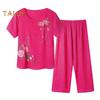 2 Pcs/Set Women T-shirt Pants Set Homewear Outfit Solid Color Floral Print Round Neck Short Sleeve Top Wide Leg Elastic Waist Loose Pants Pajamas