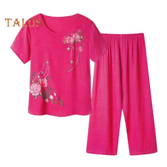 2 Pcs/Set Women T-shirt Pants Set Homewear Outfit Solid Color Floral Print Round Neck Short Sleeve Top Wide Leg Elastic Waist Loose Pants Pajamas