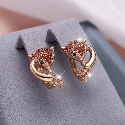 Red Crystal Zircon Cute Small Fox Hoop Earrings For Women Vintage Gold Color Ear Buckle Wedding Jewelry Engagement Party Gifts