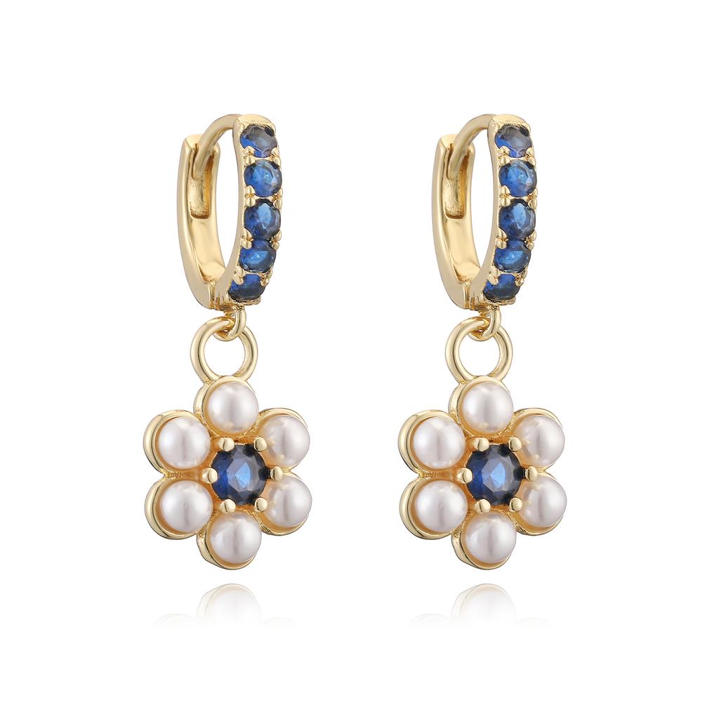 HECHENG,Sweet Romantic Small Pearl Zirconia Flower Pendant Women's Earrings Plated 18K Golden Copper Earrings Piercing Jewellery