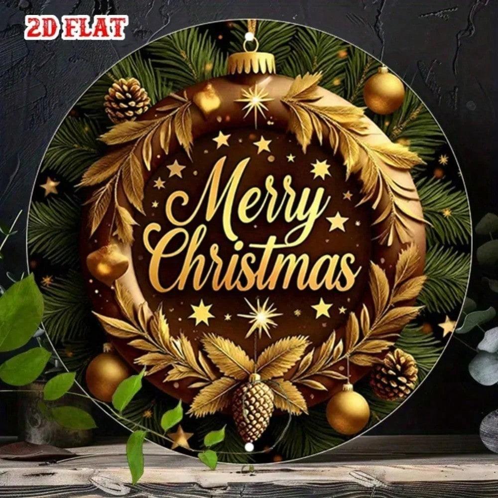 Golden Metal Christmas Wreath Rustic Wall Decor Holiday Sign Indoor Outdoor Hanging Home Door For Xmas Party