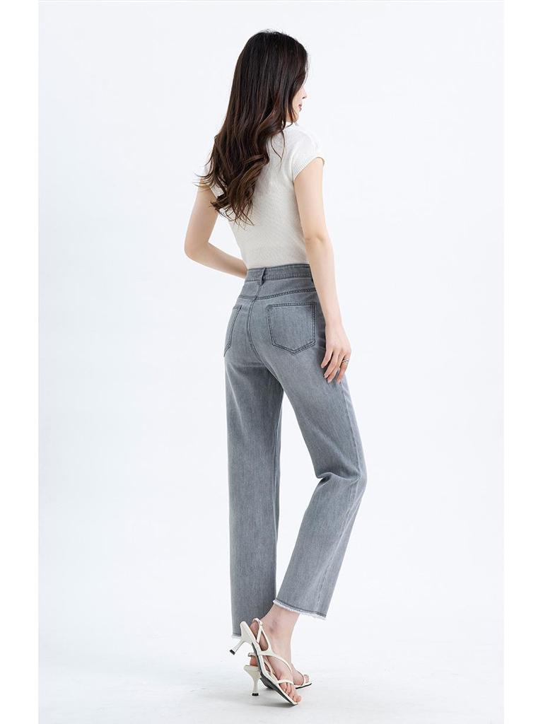 Sommer 2025 Petite High-Waist Cropped Baguette-Jeans mit ausgefranstem Saum 8171