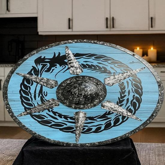 

60,96 см Деревянный щит викинга Дракон Синий боевой щит с шипованным дизайном Декор норвежского воина Реквизит для косплея Подарок