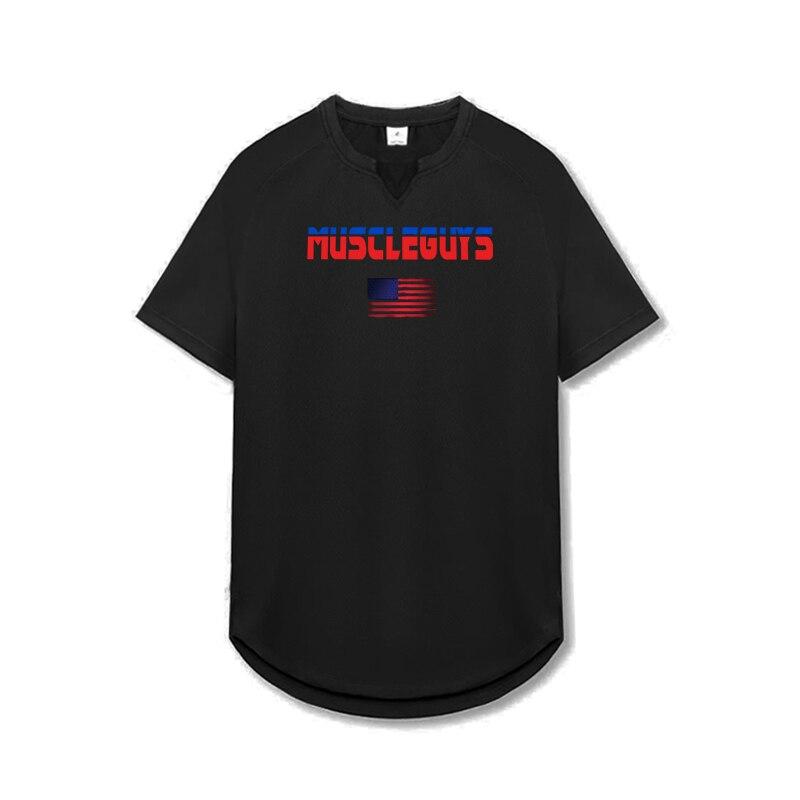 Muscleguys Men's Fitness Sports V-neck Short Sleeved T-shirt Summer New Youth Half Sleeve