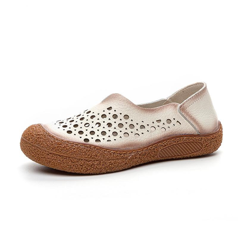 New Round Toe V Cut Ballet Flats Woman Perforated Moccasins Women's Handmade Genuine Leather Loafers Ladies Soft Driving Shoes