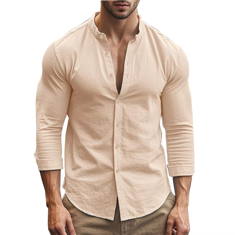 Herren Henry Hemden Baumwolle Leinen Slim Fit Kausal Hawaiianisch Einfarbig Basic Style Frühling Sommer Atmungsaktiv Herrenbekleidung