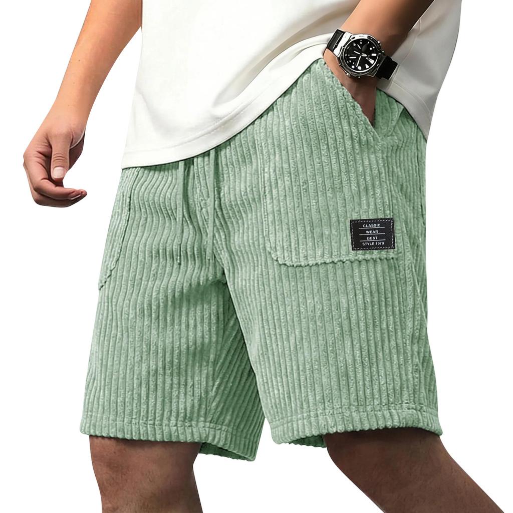 Men Corduroy Shorts Casual Loose Fit Elastic Waistband Drawstring Ribbed Texture Patch Pocket Design Summer Wear