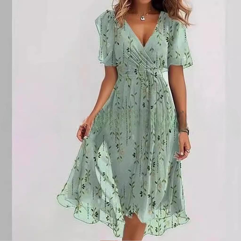 Blue Green Floral Print V-Neck Asymmetrical Hem Summer Dress with Short Sleeves