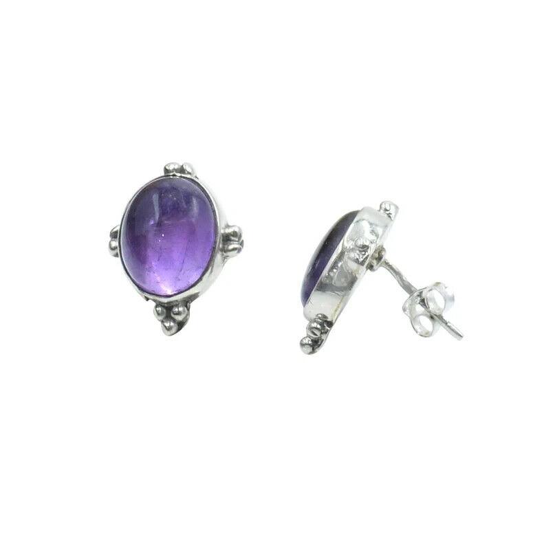 925 Sterling Silver, Purple Amethyst Oval Studs, Natural Amethyst Post Earrings