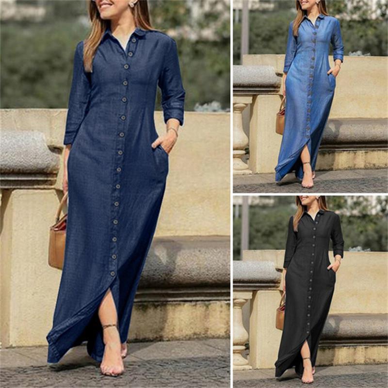 Elegant Women's Long Sleeve Denim Dress - Neutral Style Button-Down Maxi Dress with Lapel Collar and Pockets, Stylish Solid Color Long Dress for Casua