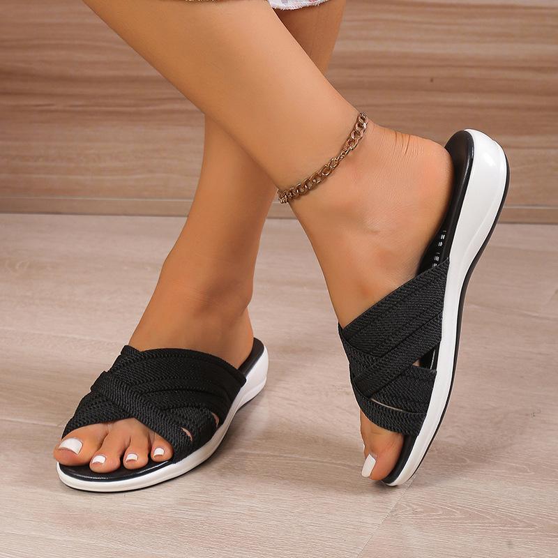 

Large size thick-soled wedge heel sandals women s 2025 summer new flat-bottomed cross-woven soft-soled rest sandals 2025 36 чёрный