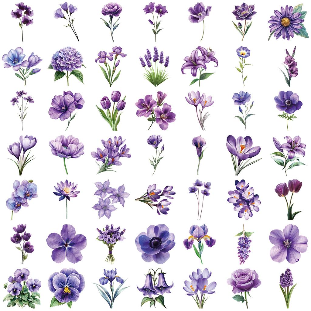 50 Transparent Cartoon Purple Floral Sticker Package Waterproof Transparent PET Handbook Material Decorative Guitar Notebook