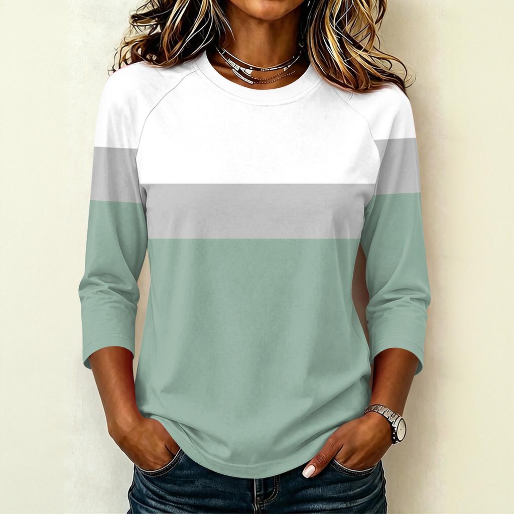 Women's Raglan Sleeve T-Shirt, Round Neck Three-Quarter Sleeve Striped Color-Block Pullover Top