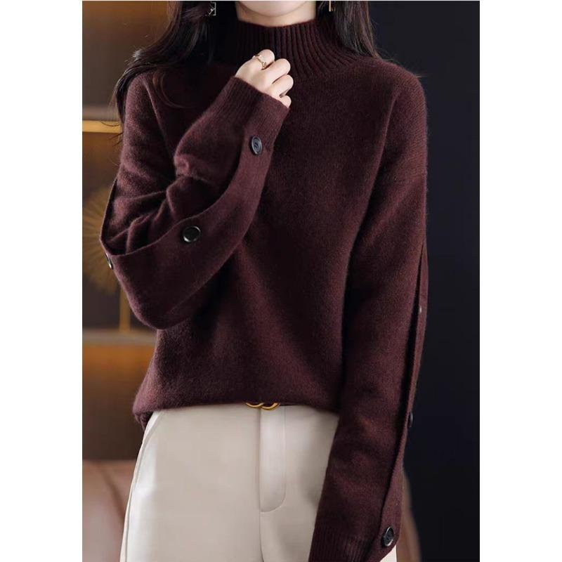Autumn Winter Half High Collar Loose Casual Solid Color Sweater Women Simple All-match Bottomed Knitting Top