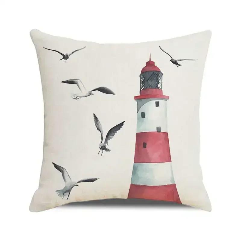 Watercolor Painting Nautical Lighthouse Ocean Seagull Boat Home Sofa Cushion Cover Home Decor Pillowcase