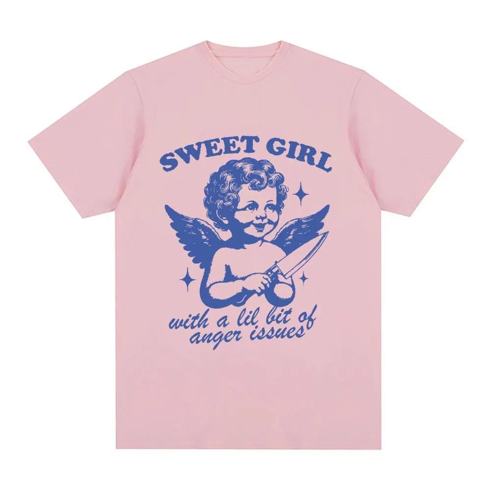 Sweet Girl with Anger Issues T Shirt Funny Angel Lovers T-shirts 100% Cotton Casual Oversized Short Sleeve Tee Shirt Unisex