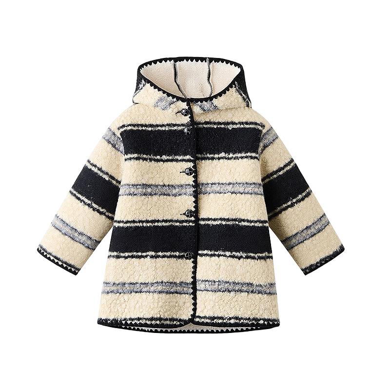 ASK JUNIOR Girls  Striped Faux Lamb Wool Hooded Winter Coat 170