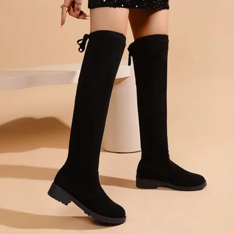 Concise Modern Boots Women 2024 Plus Size Shoes Female Knee-High Women's Boots Round Toe Med Heel Back Lace-up Shoes Women