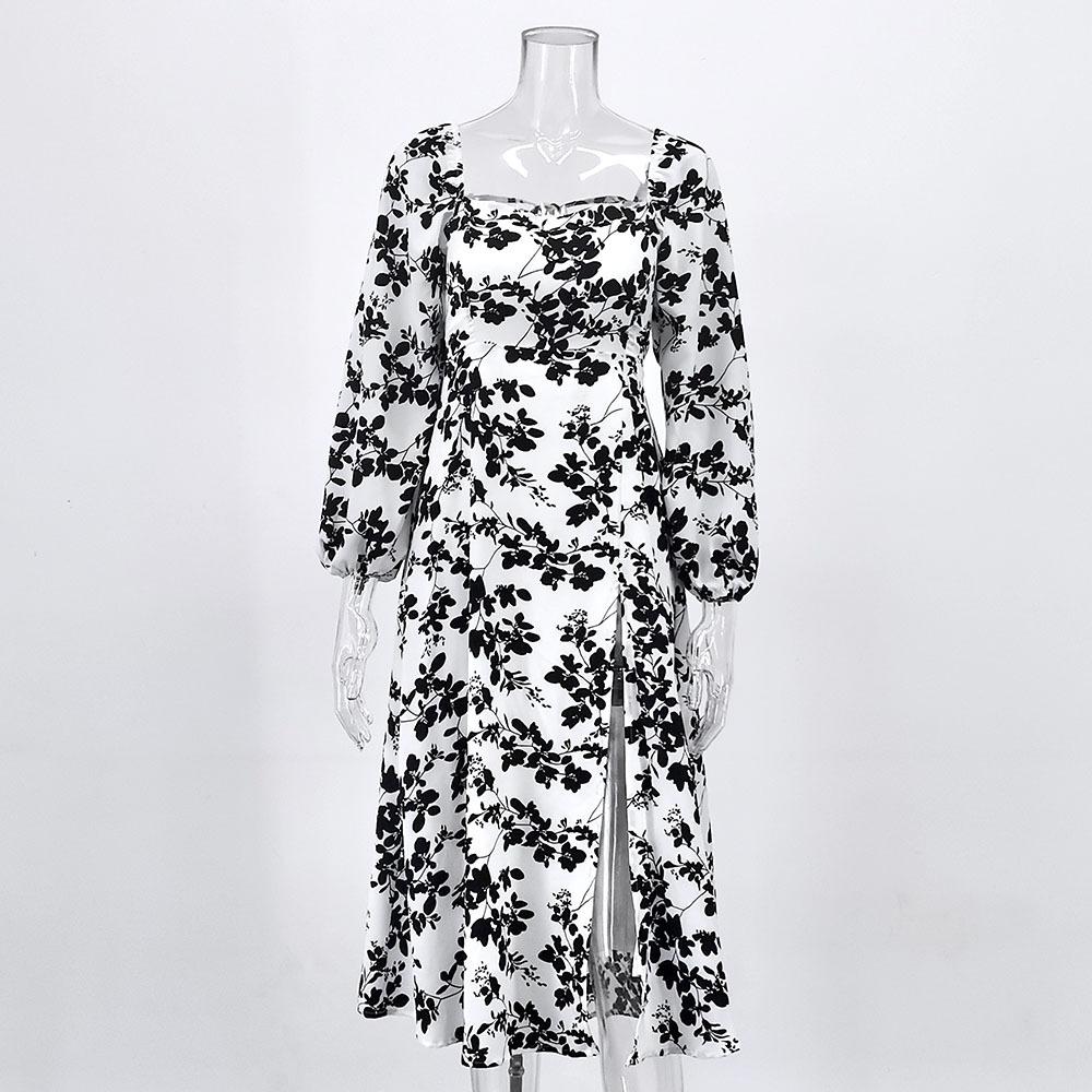Russian elegant fashion halter strap square neck printed dress women s sexy split dress S