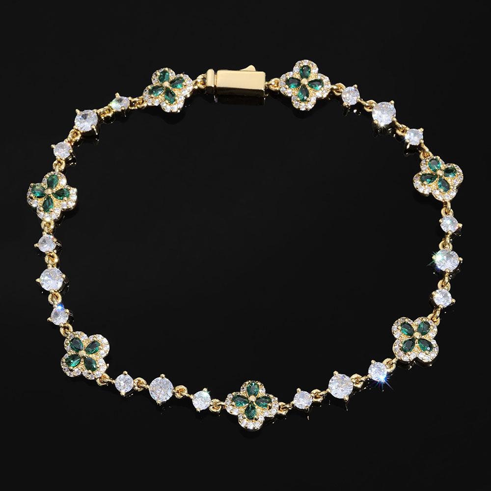 NUOYA Fashion Jewelry Green Four-Leaf Clover Chain Bracelet Flower Design Setting Bling Zircon Fine Chain Bracelet for Women