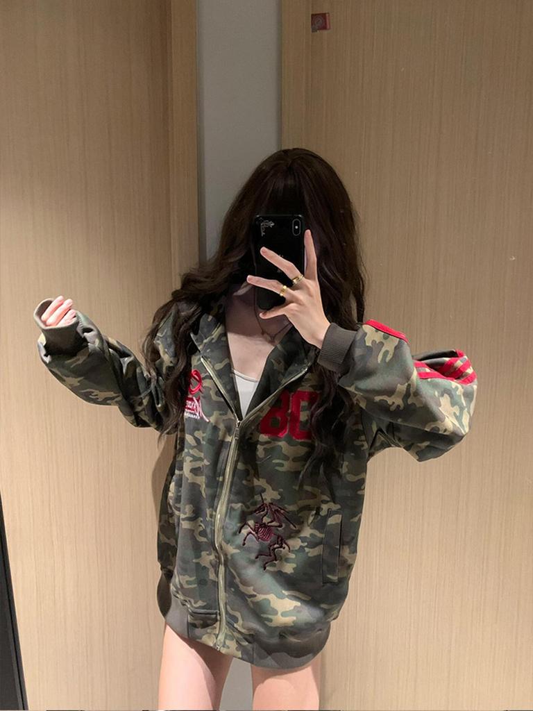 Damen Oversized Camouflage Kapuzen-Sweatshirtjacke, Koreanischer Stil, Frühling/Herbst 2025.