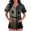Women's Halloween Print Short Sleeve V-Neck Scrub Top with Pocket