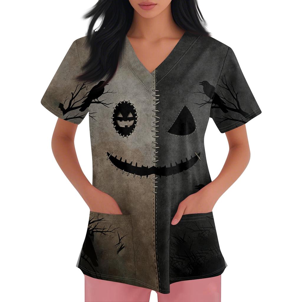 Women's Halloween Print Short Sleeve V-Neck Scrub Top with Pocket