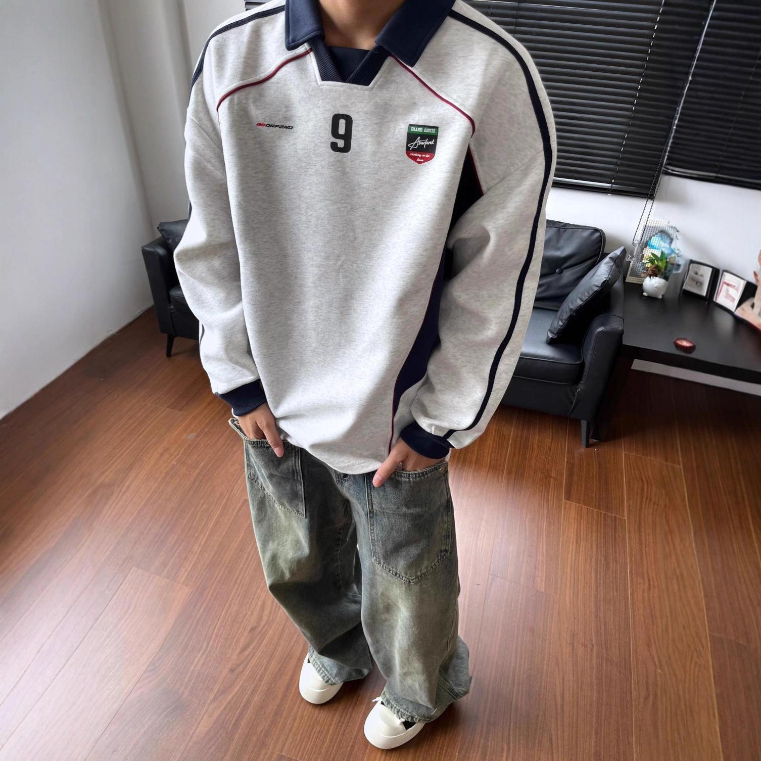 

Свитер в стиле американского ретро со вставками и контрастной полосой, куртка, высокое качество, прочная конструкция, стильный дизайн, практичность для повседневного использования M серый