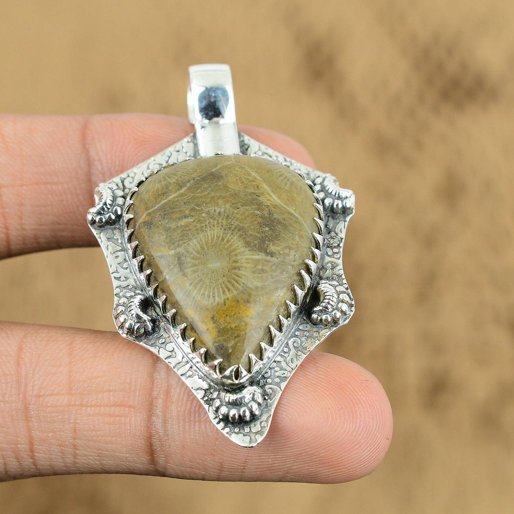 Fossil Coral Gemstone Birthday Engagement Anniversary Pendant Sterling Silver