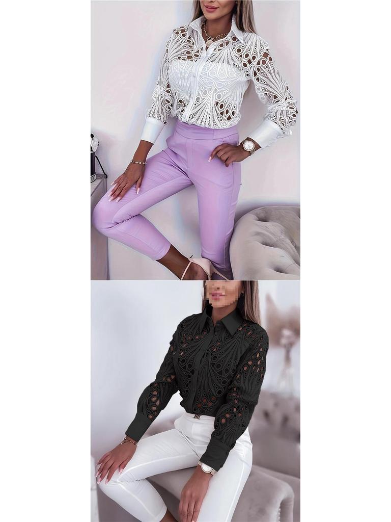 2026 Women's Lace Hollow Long Sleeve Shirt - Versatile Spring/Autumn Fashion
