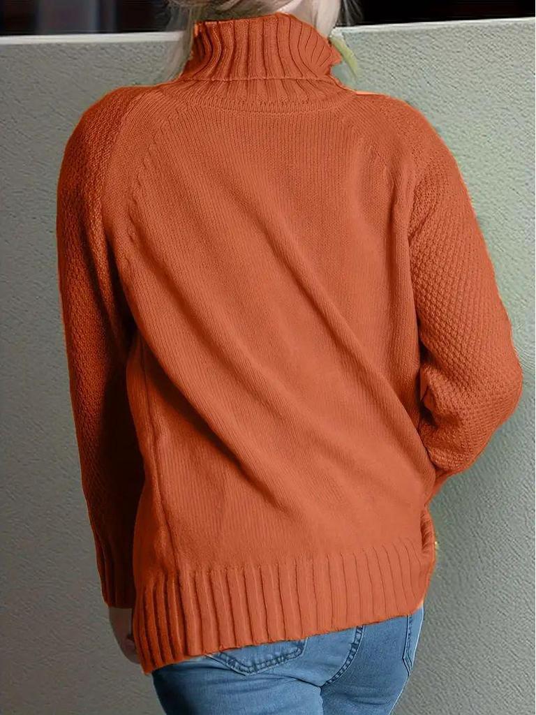 Solid Color High Neck Raglan Sweater - Loose Fit, Casual Long Sleeve Pullover
