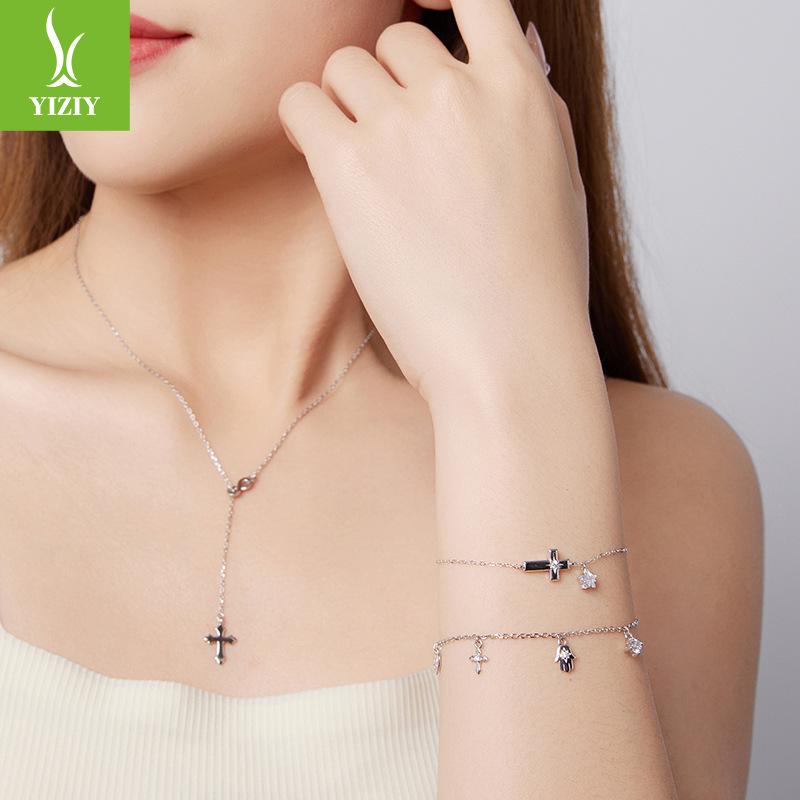 S925 Sterling Silver Thanksgiving Cross Bracelet Necklace Jewelry Set, Cold Turquoise Ring
