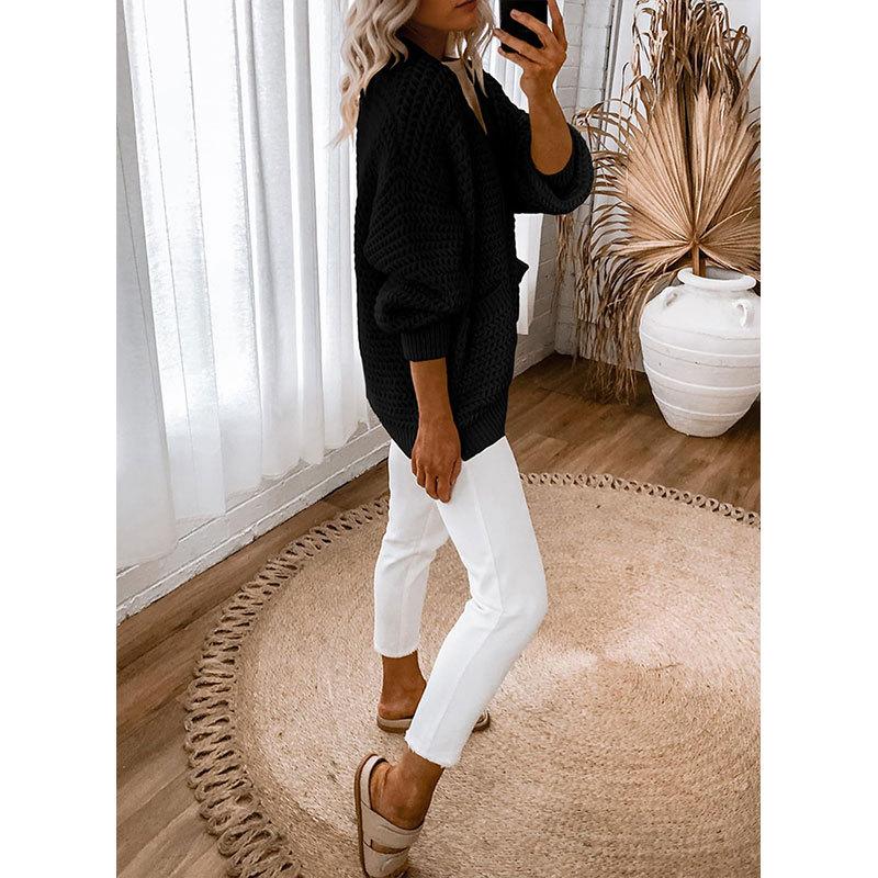 Women S Loose V Neck Lantern Sleeve Button Front Knit Cardigan Sweater