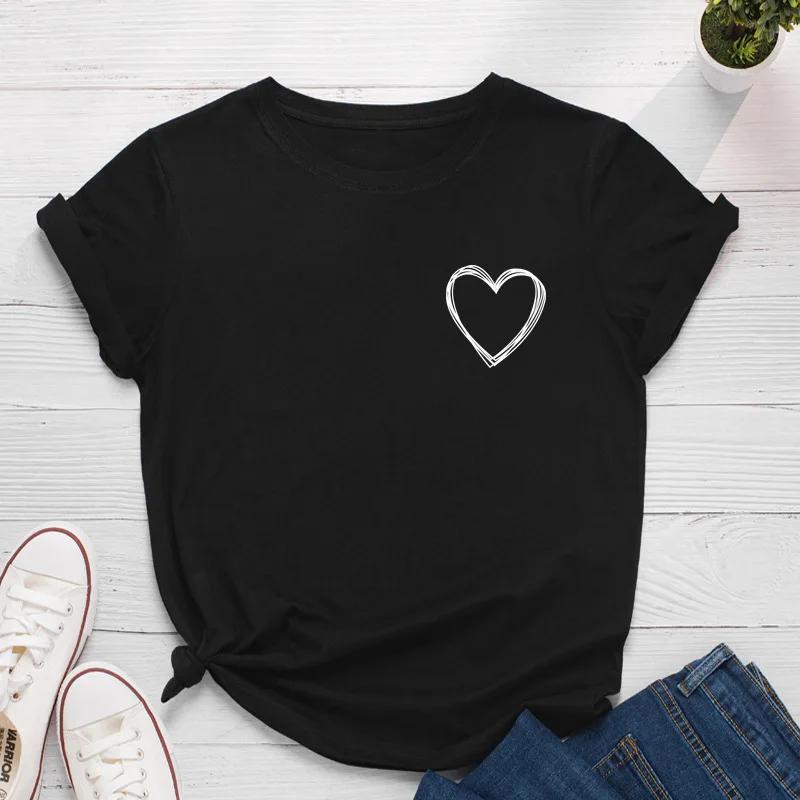 Pocket Heart Print Women T Shirt Short Sleeve O Neck Loose Women Tshirt Ladies Tee Shirt Tops Clothes Camisetas Mujer