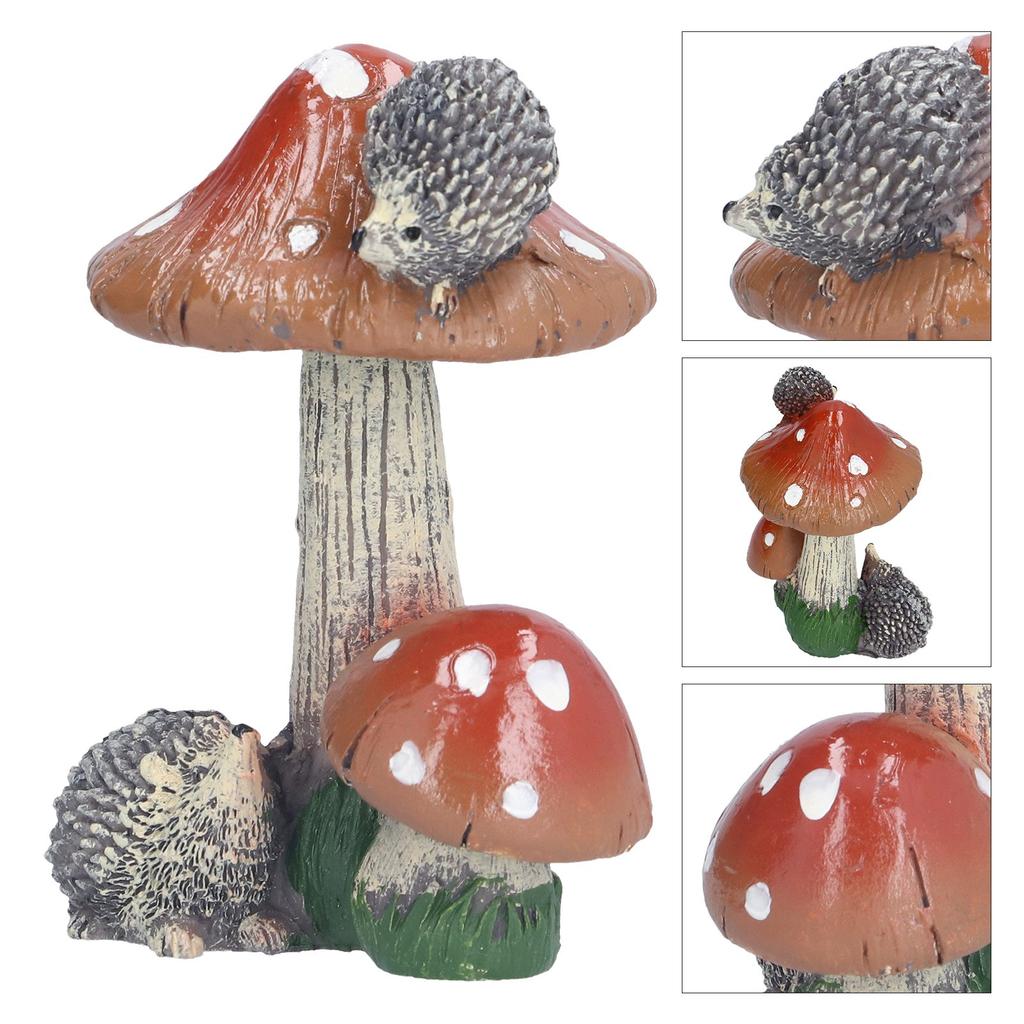 2Pcs Hedgehog Mushroom Ornament Miniature Animal Statue Bonsai Decoration for Garden IndoorBrown