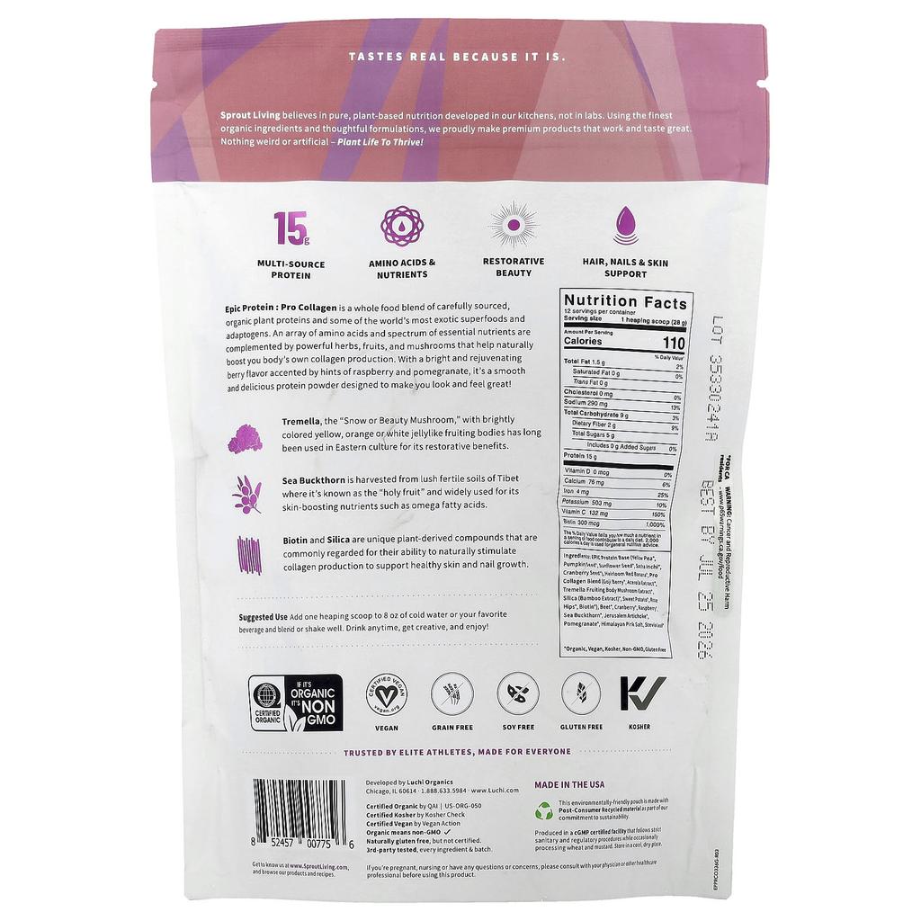 Epic Protein®, Pro-Collagen, Organic Plant Protein + Superfoods, 336G (0.7Lb)