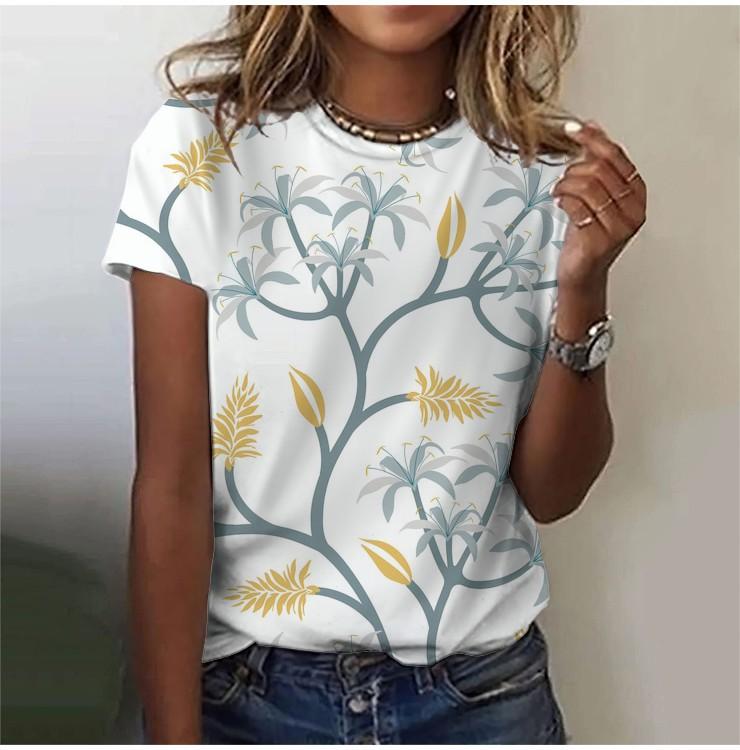 2025 Casual Sports Women's T-shirt Summer New Style Garden Collar Short Sleeve Fresh Floral Loose Lightweight Fabric Casual