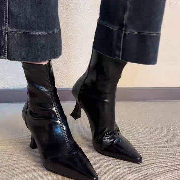 Short boots French slim heel elastic boots for women 2026 versatile soft leather zipper slim boots for women