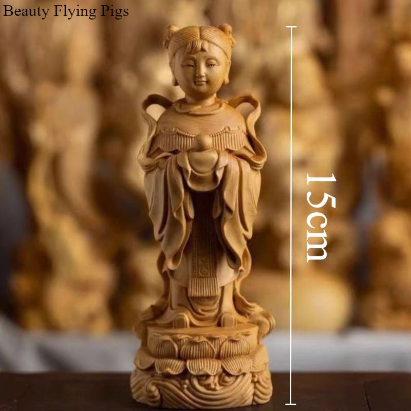 Golden Boy and Jade Girl Wooden Ornament Chinese Style Solid Wood Carved Ornaments Wooden Carving Crafts Home Decorations