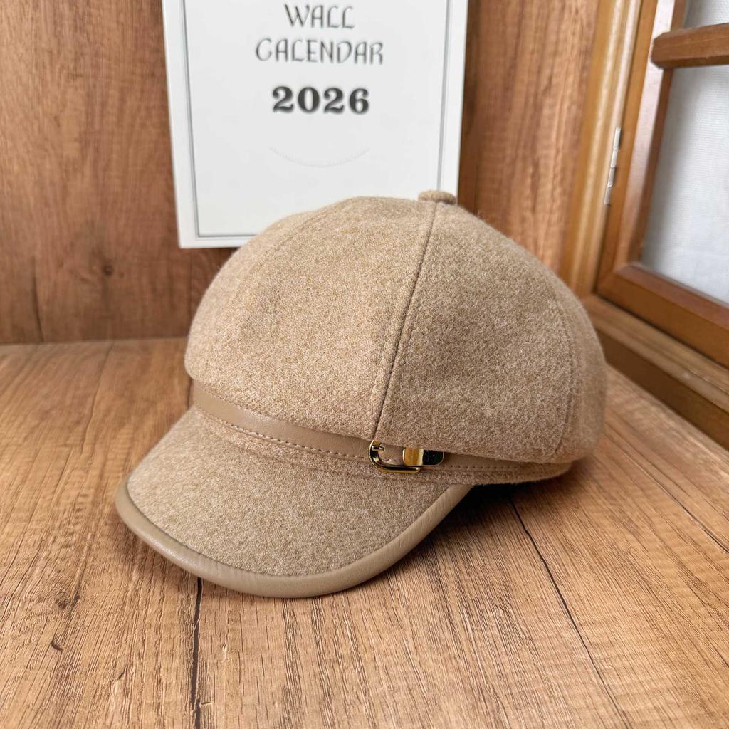Hat Women's New Belt Buckle Octagonal Hat Literary Versatile Wide Brim Painter Hat Fashion Wool Beret