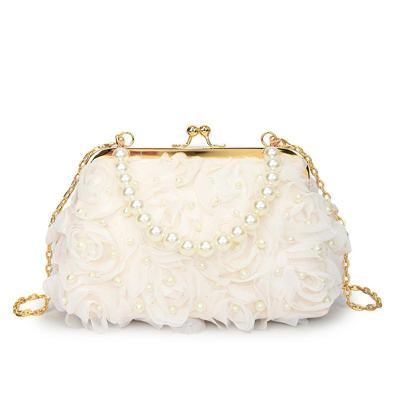 Women Rose Flower Evening Bag with Chain Floral Pearl Handbag Elegant Dinner Bag Pearl Crossbody Female Bridal Bag