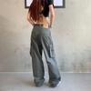 Y2K High Street Denim Cargo Pants Women Gray Big Pocket Slim Female Straight Pants High Waist Vintage Casual Lady Baggy Trousers