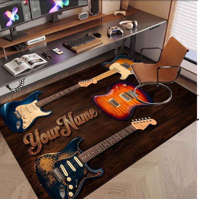 Music Guitar Theme Soft Crystal Velvet Rug Custom Name & Text Print Non Slip Floor Rug for Bedroom Living Room