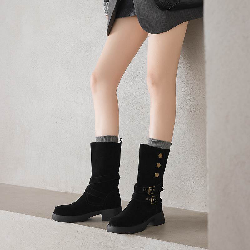 Krazing Pot Cow Suede Round Toe Thick Heels Motorcycle Boots Size 42 Back Zip Women Keep Warm Metal Button Mid-calf Boots