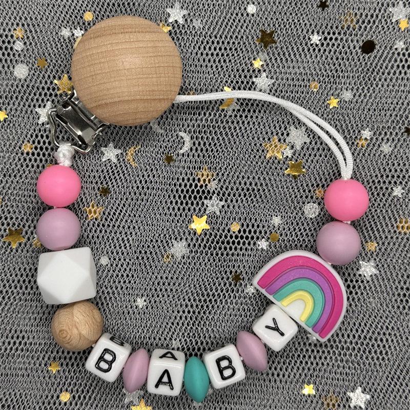 2024 Handmade Customized Name Beech Pacifier Clips Holder Chain Silicone Rainbow Pacifier Chain Baby Teether Teething Chain Gift