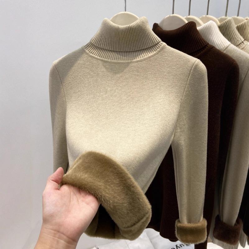 Autumn and winter new semi-turtleneck fleece sweater bottoming shirt women's integrated fleece thickened, warm and slim, knitted inside